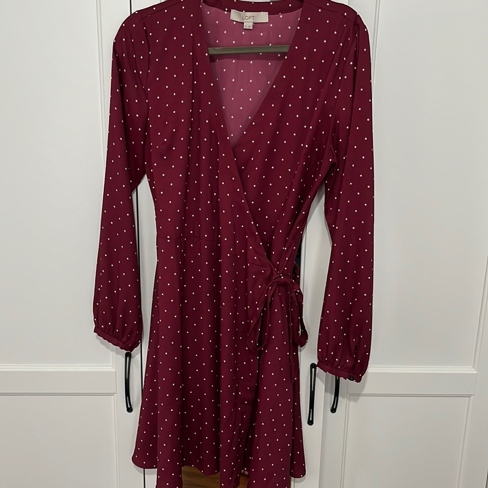 Maroon long sleeve wrap dress with white stars, LOFT, Size 10. Like new